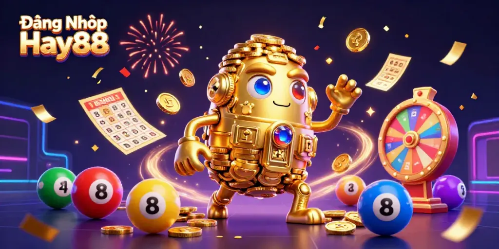 Experience gameplay excitement as you Đăng Nhập Hay88 with vibrant illustrations of a golden golem and lottery elements.
