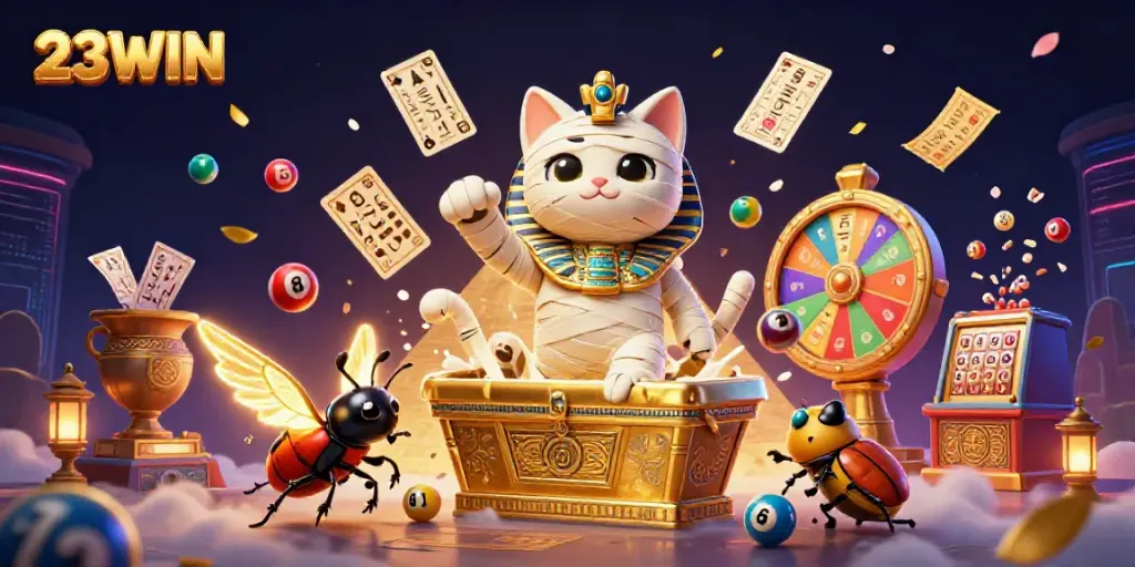 Engage with exhilarating moments at 23WIN as the Egyptian mummy cat captures the casino excitement.