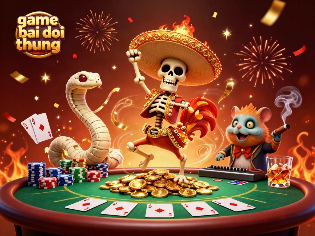 Experience game bai doi thuong with festive characters celebrating on a poker-themed background.