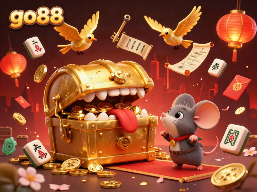 Experience go88 with a bustling casino atmosphere, filled with treasures and vibrant elements symbolizing online gaming excitement.