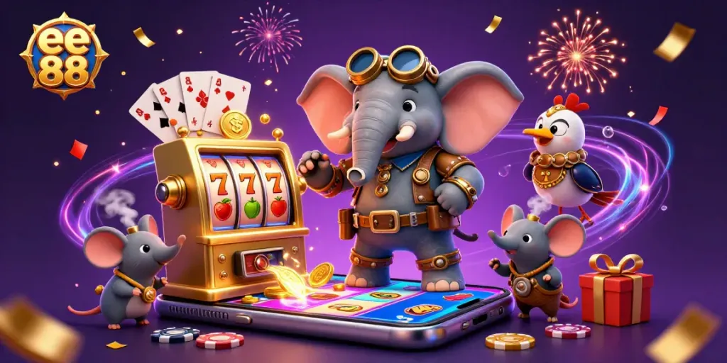 Spin with ee 88's thrilling slot machine, featuring vibrant characters and exciting game elements.