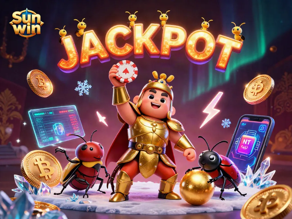 Engage in thrilling action with Sun win, featuring a victorious beetle in golden armor celebrating a jackpot.