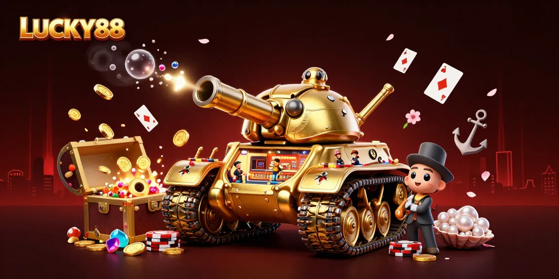 Experience LUCKY88 in this vibrant 3D illustration, showcasing a festive casino atmosphere with gold coins and games.