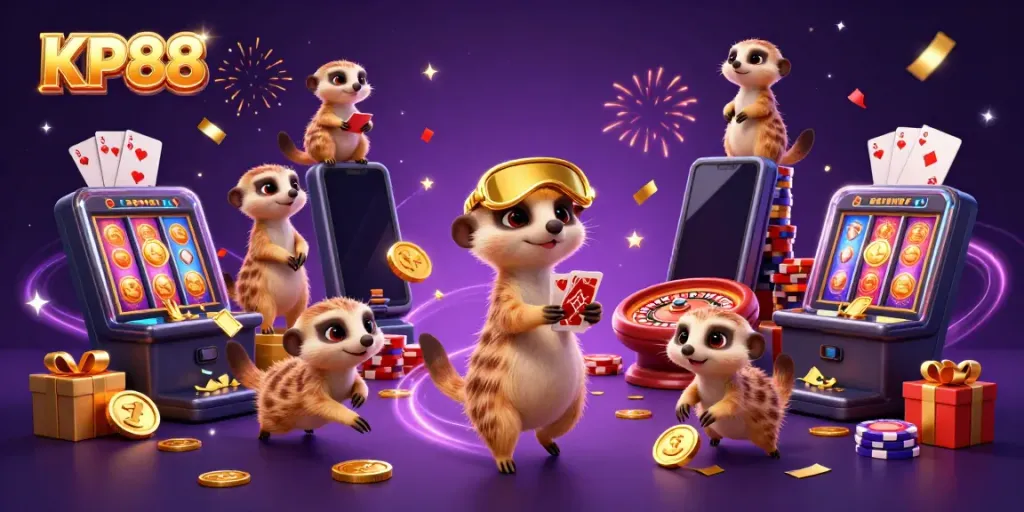 Experience the vibrant casino action of KP88 with playful meerkats managing games and excitement.