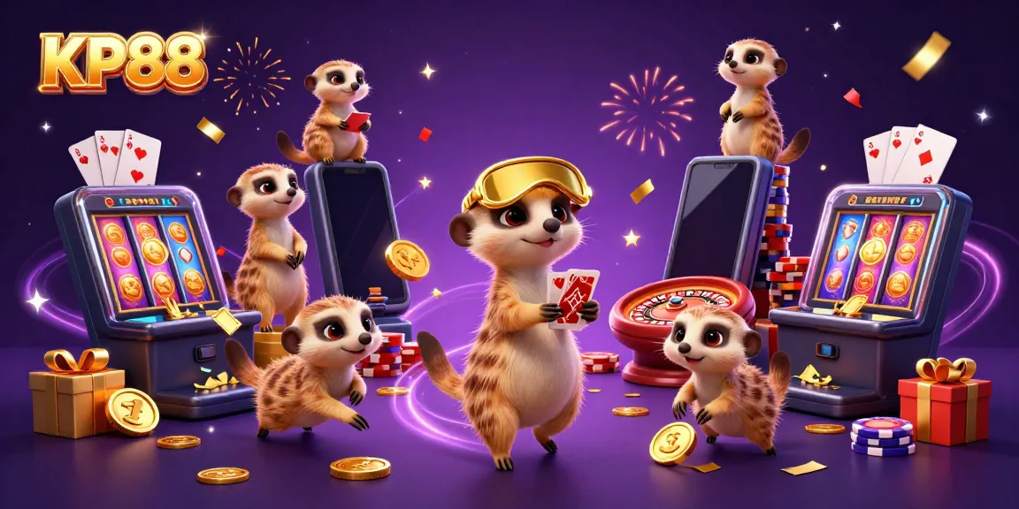Experience the vibrant casino action of KP88 with playful meerkats managing games and excitement.