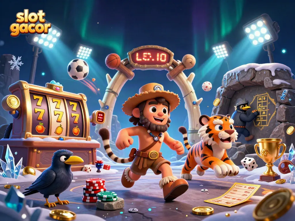 Experience slot gacor excitement with dynamic illustrations of a prehistoric casino setup featuring action-packed gaming elements.