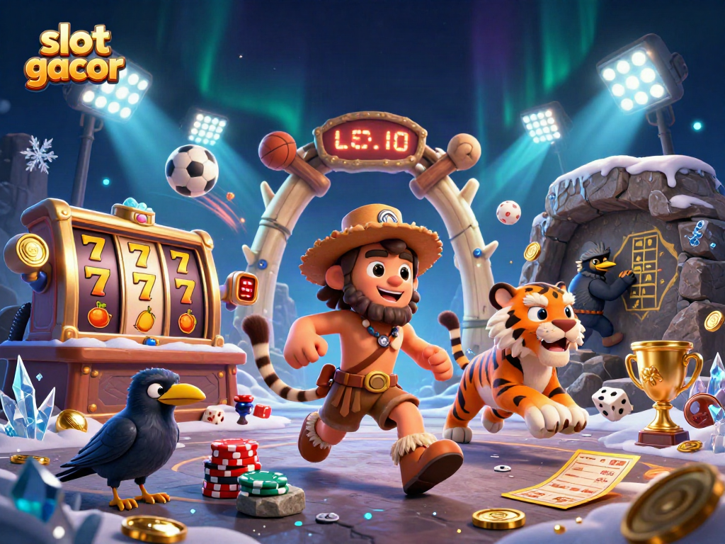 Experience slot gacor excitement with dynamic illustrations of a prehistoric casino setup featuring action-packed gaming elements.