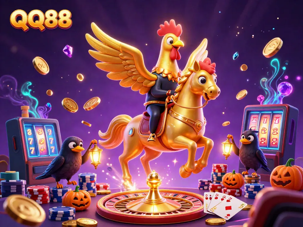Experience QQ88's thrilling casino atmosphere with a golden rooster and spectral horse, surrounded by game elements.