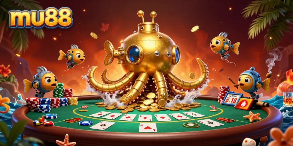 Win big at mu88 with a vibrant and dynamic casino scene featuring a golden kraken submarine & poker elements.