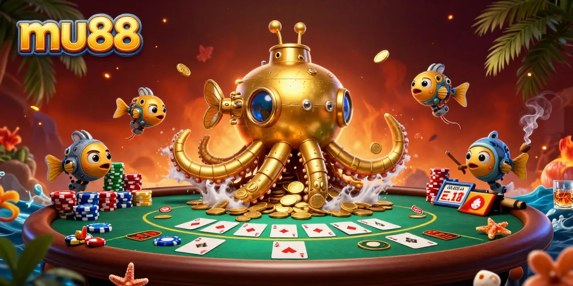 Win big at mu88 with a vibrant and dynamic casino scene featuring a golden kraken submarine & poker elements.