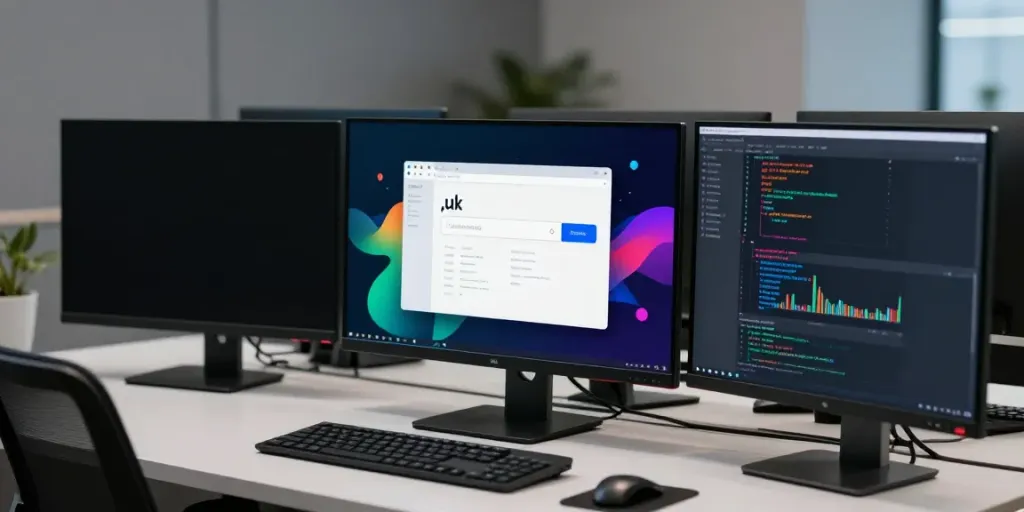 .uk domain search tool in a modern software development workspace, showcasing advanced analytics and coding.