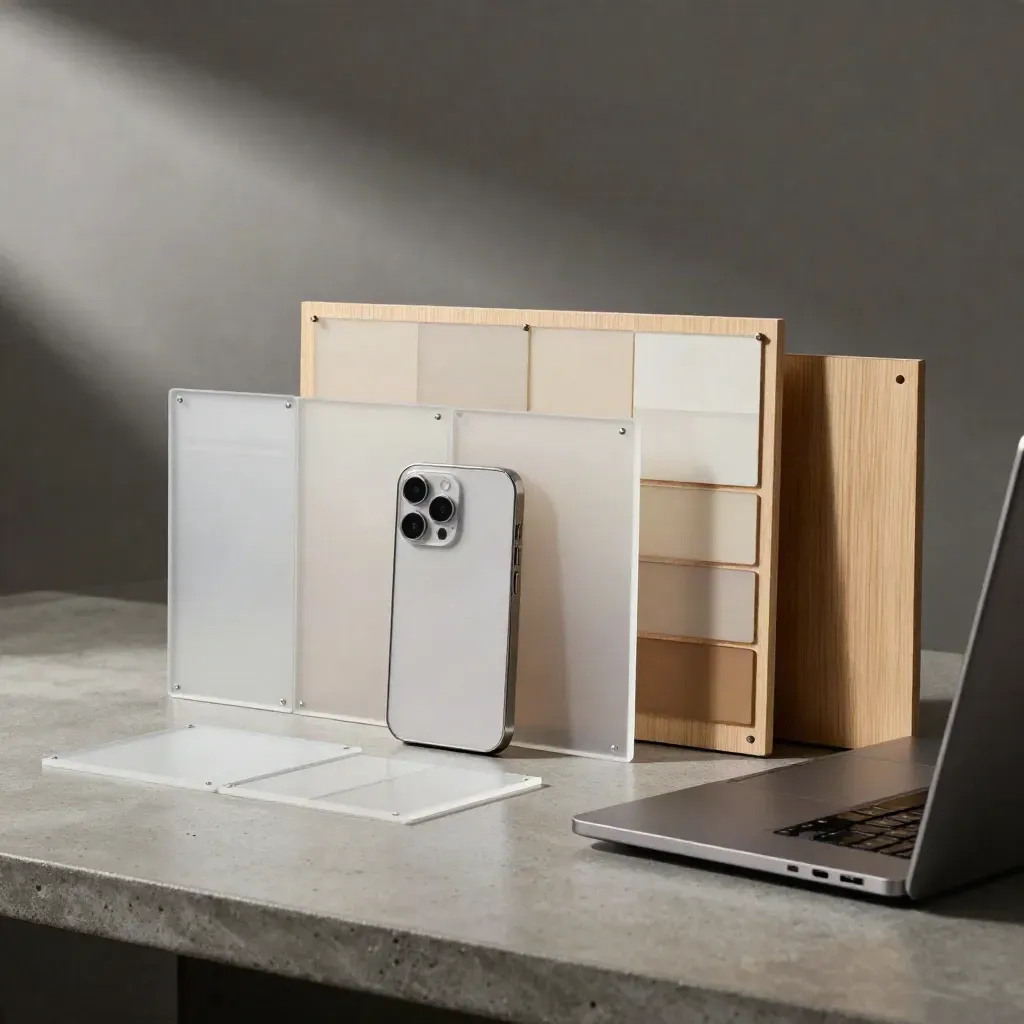 Blank device shells, layout tiles, closed laptop and wood sample board on a concrete workbench.