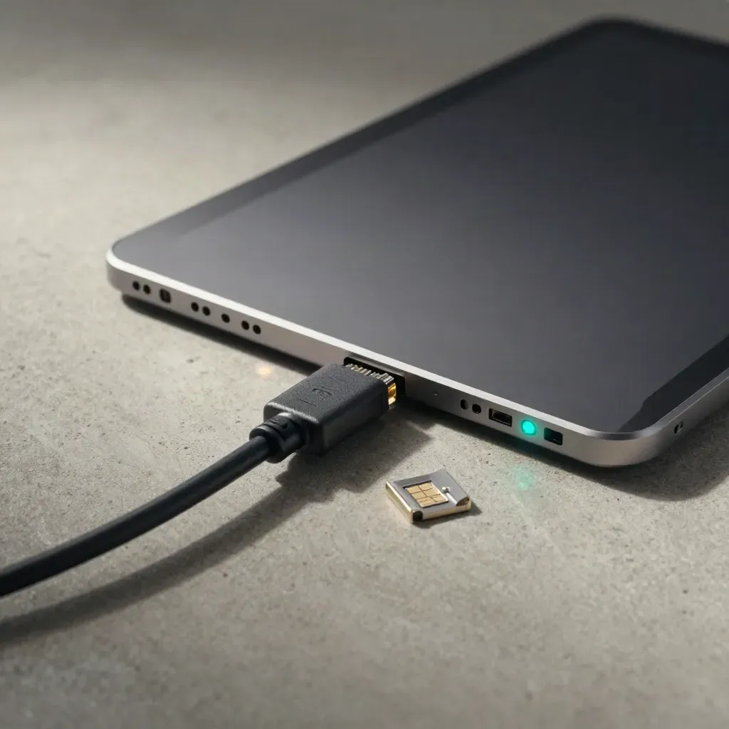 Closed tablet, coiled cable and glowing status lights on pale concrete, seen low and close.