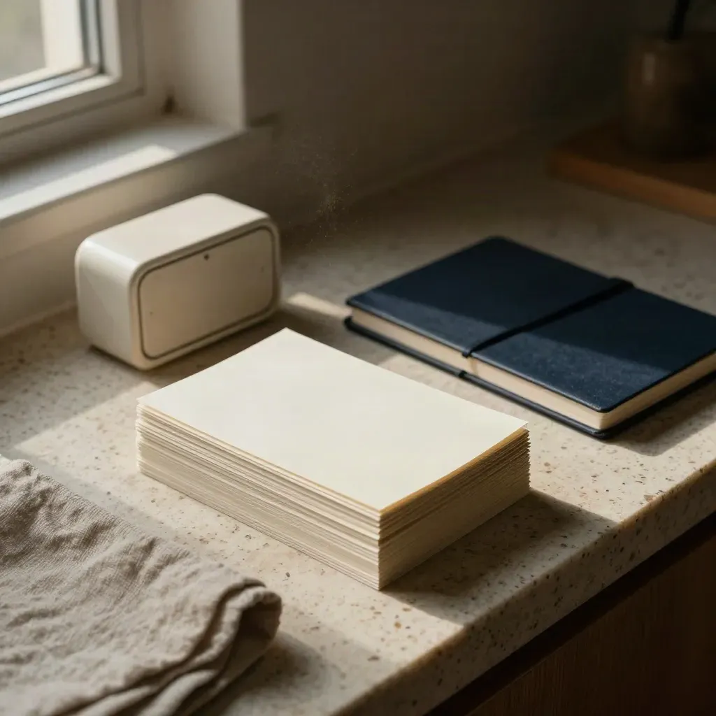 Content planning cards, ceramic timer, and tabbed notebook on travertine in warm afternoon light