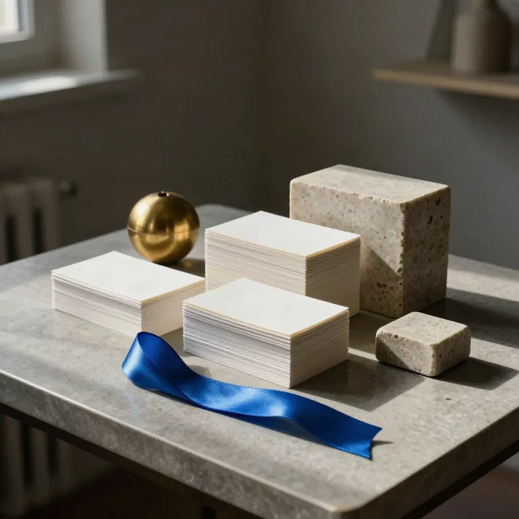 Blank card stacks, brass sphere, stone weight and ribbon on a studio workbench in side light.