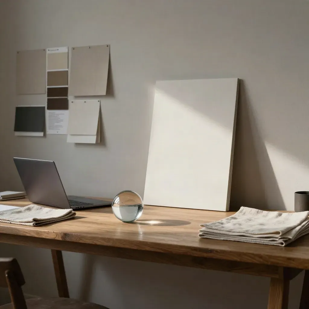 Pale-plaster brand studio with oak table, sphere centerpiece, blank mockups and rain-lit shadows.