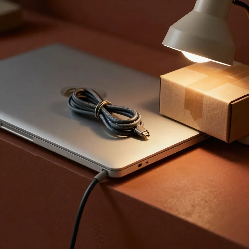 Closed laptop, coiled cables, lamp glow and sealed courier box on a warm launch bench.