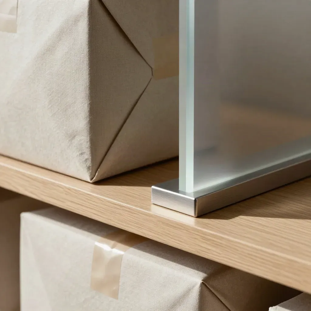 Macro of a boutique launch corner with wrapped parcels, shelving and a turned tablet dock