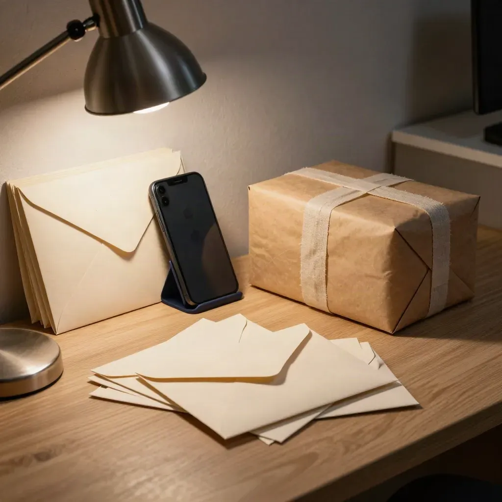 Launch board of envelopes, docked phone and parcel stack under warm desk lamp.