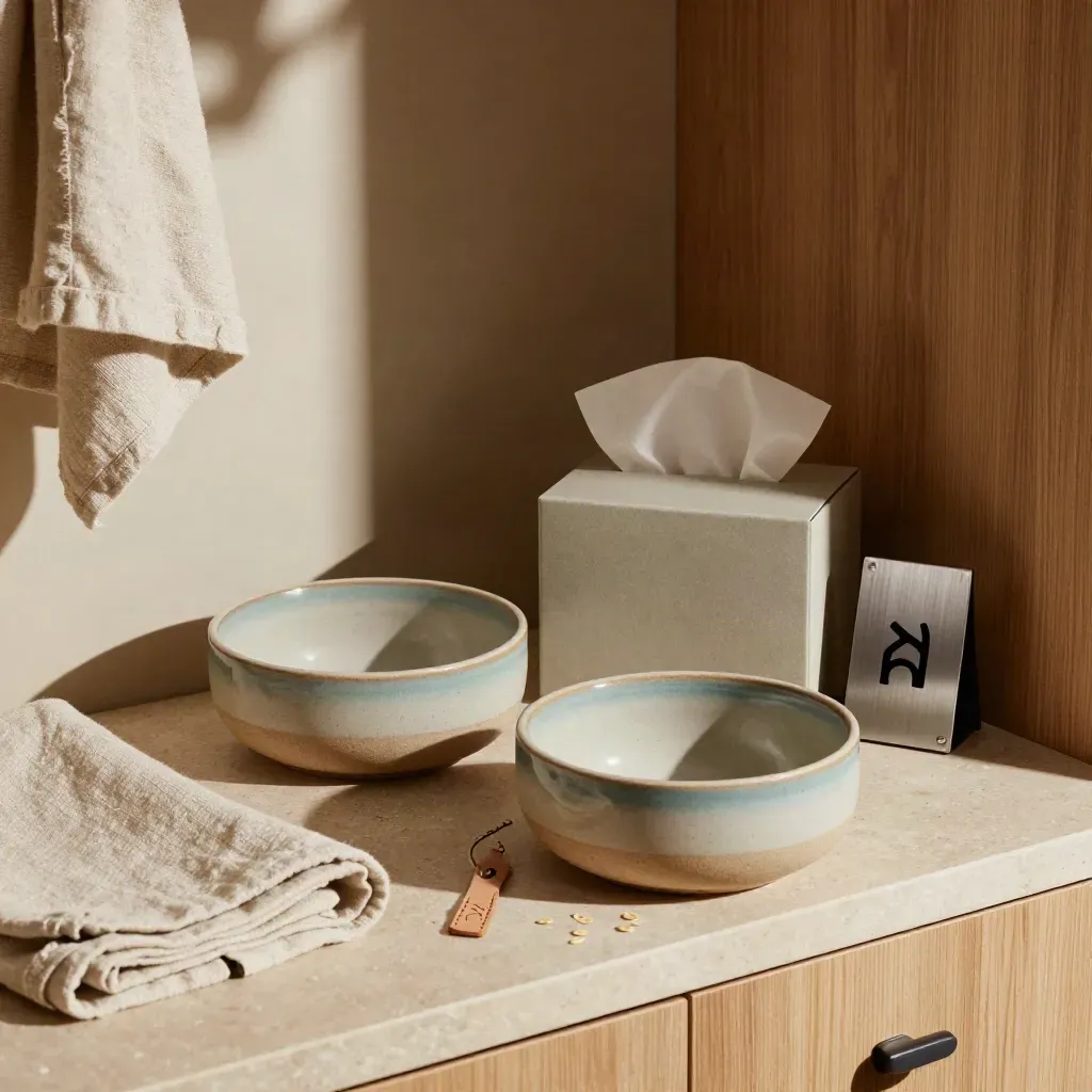 Pet corner with ceramic bowls, collar tag, plaque and boxed identity set in warm window light.