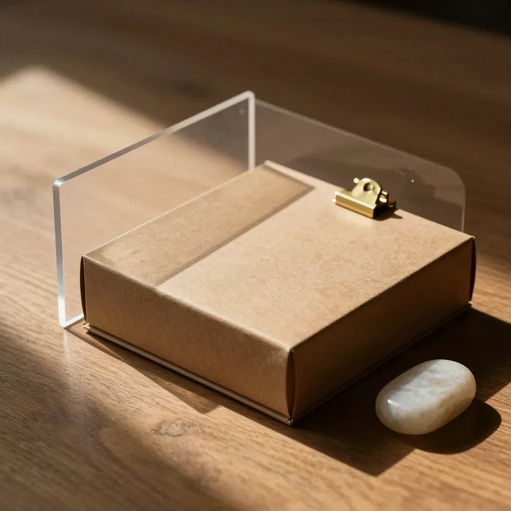 Top-down pitch deck kit on warm oak with acrylic dividers, brass clip and stone paperweight.