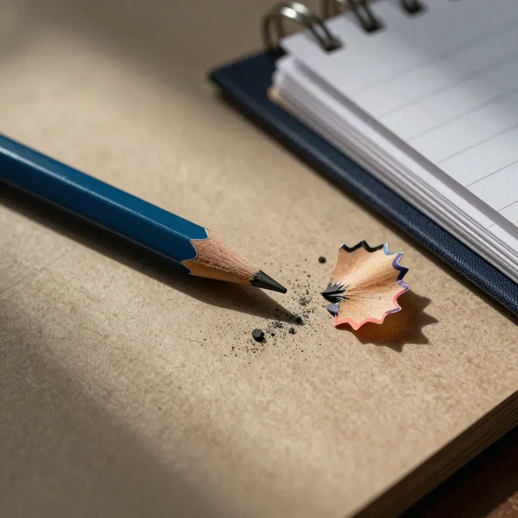 Blue pencil stub, graphite crumbs, linen notebook edge and blank cards in hard raking light.