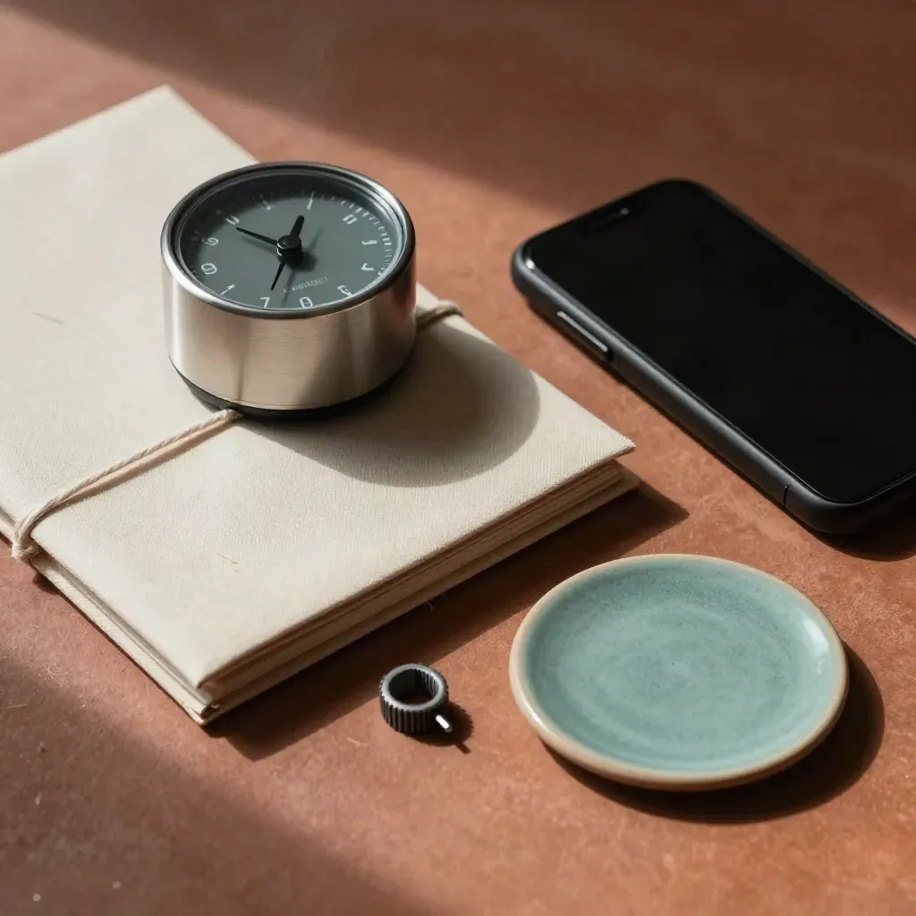 Campaign toolkit still life with timer, folder, phone, cable tie and ceramic disk on terracotta plaster.