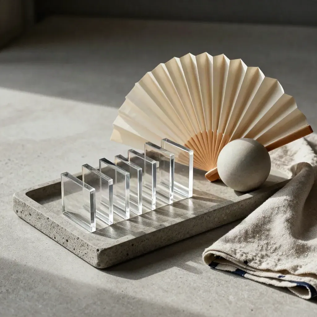 Clear acrylic page blocks, a ceramic sphere, and a folded cream card fan on a stone tray.