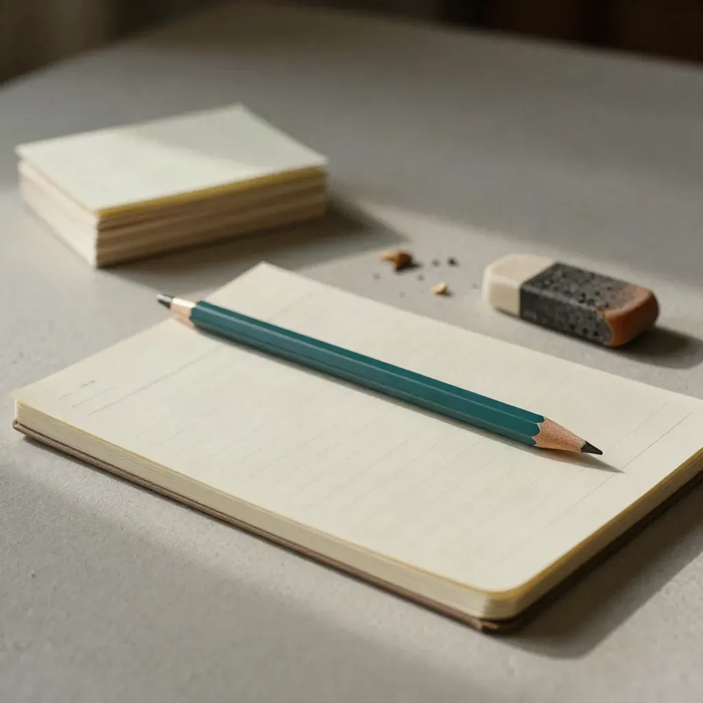 Pencil, editing pencil, notebook, eraser and card stack on a pale wood desk with soft side light