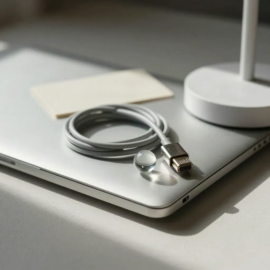 Closed laptop, ethernet lead, key fob and glass bead beside a lamp base on plaster.