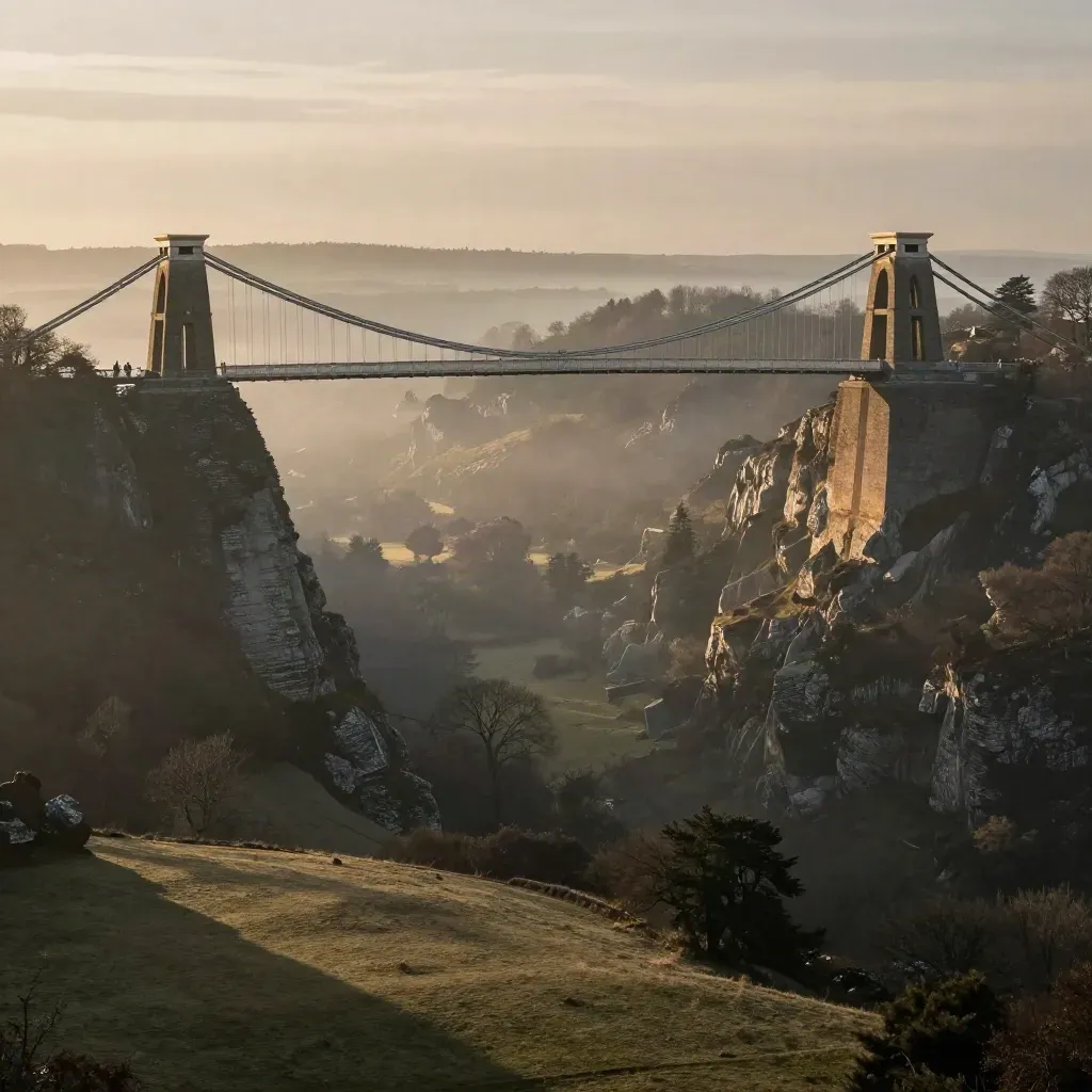 Clifton Suspension Bridge over misty Avon Gorge at golden hour