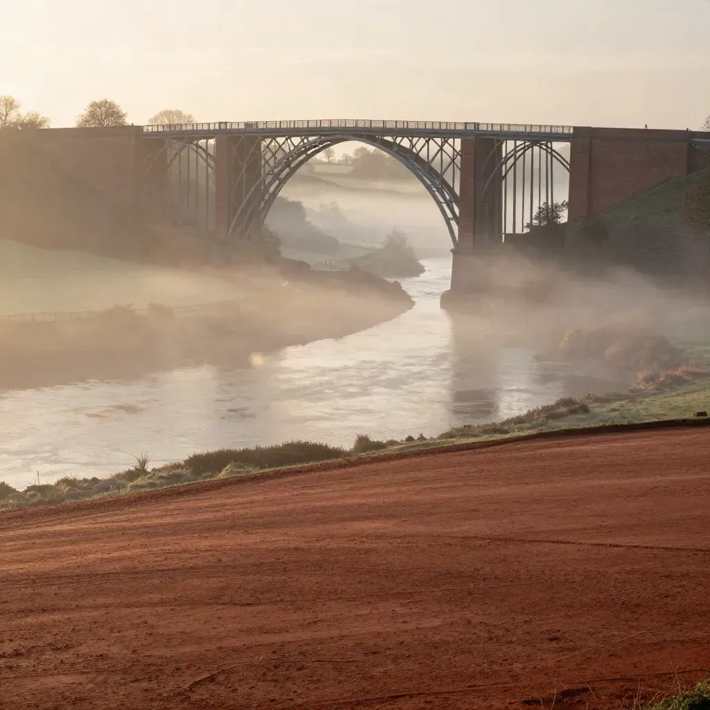 Ironbridge above a misty Severn valley at sunrise, with calm haze for copy space.