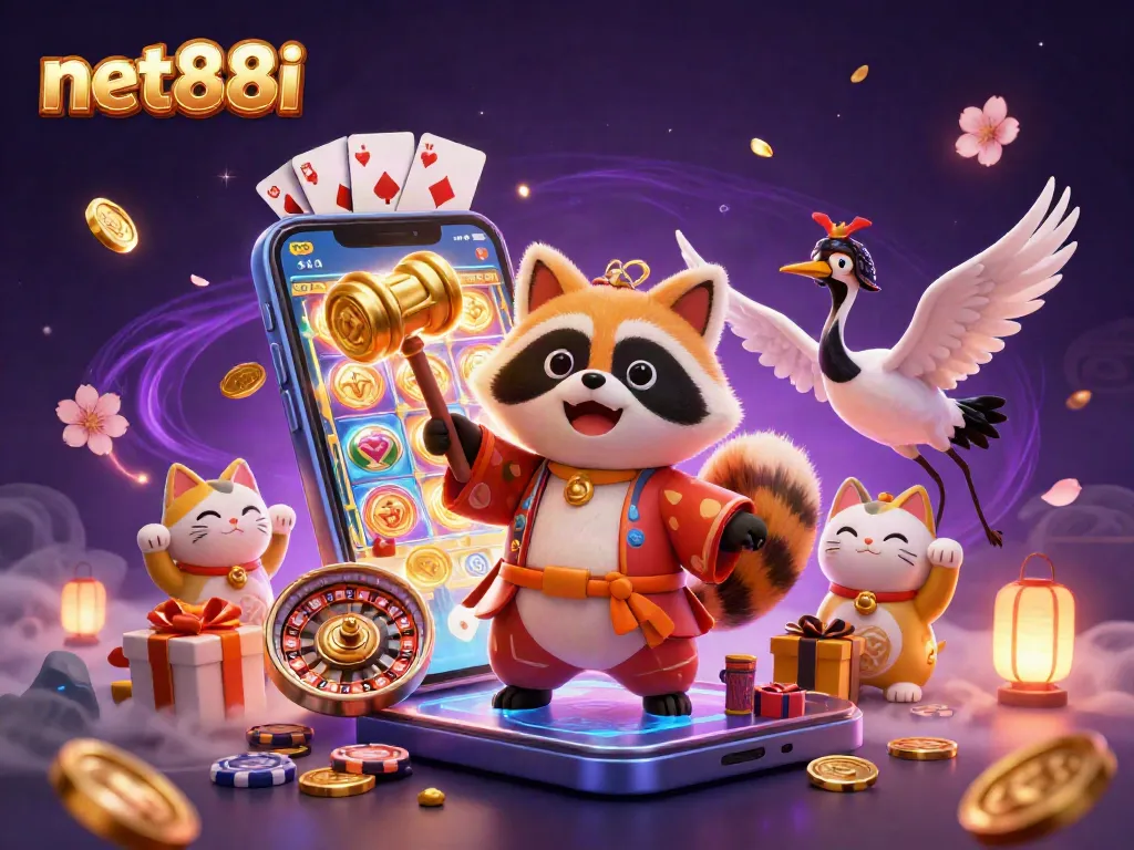 Experience the thrill of gaming at net88i with a lively scene of cheerful characters and casino elements.
