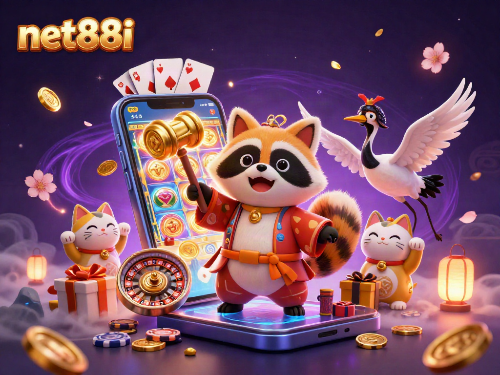 Experience the thrill of gaming at net88i with a lively scene of cheerful characters and casino elements.