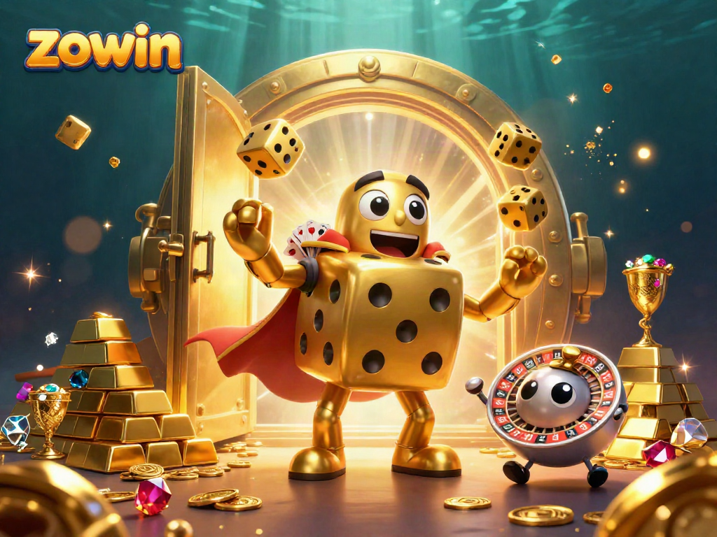 Engage in thrilling casino action with Zowin's golden dice golem, rich treasures, and vibrant atmosphere.