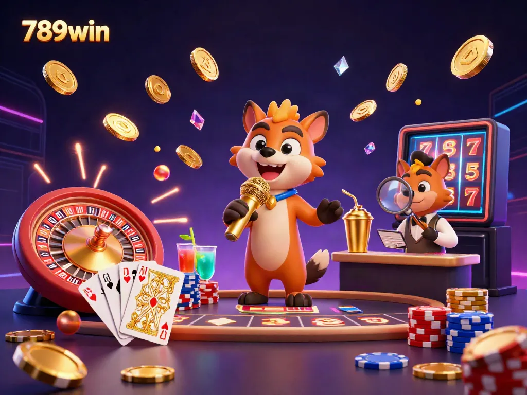 Experience thrills at 789win with lively hyenas in a colorful casino scene, featuring spinning roulette and games.