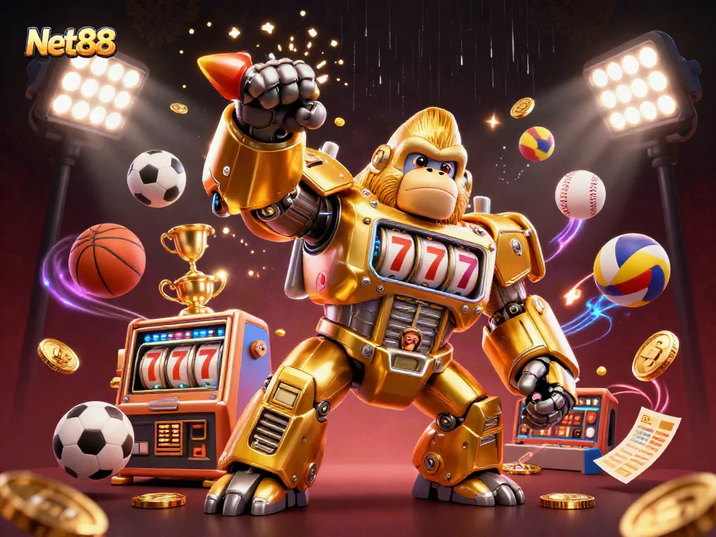 Engage with Net 88 using a dynamic illustration of a golden gorilla mech and sports elements