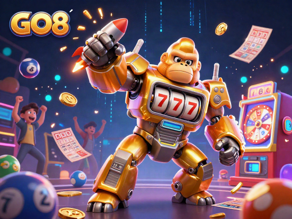 Experience thrilling wins at GO8 with a dynamic 3D illustration of exciting casino elements.