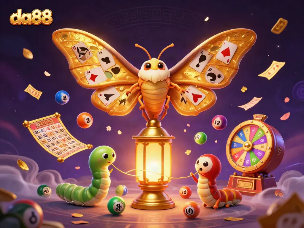 da88 showcases a vibrant 3D casino scene with a majestic moth and animated lottery elements.