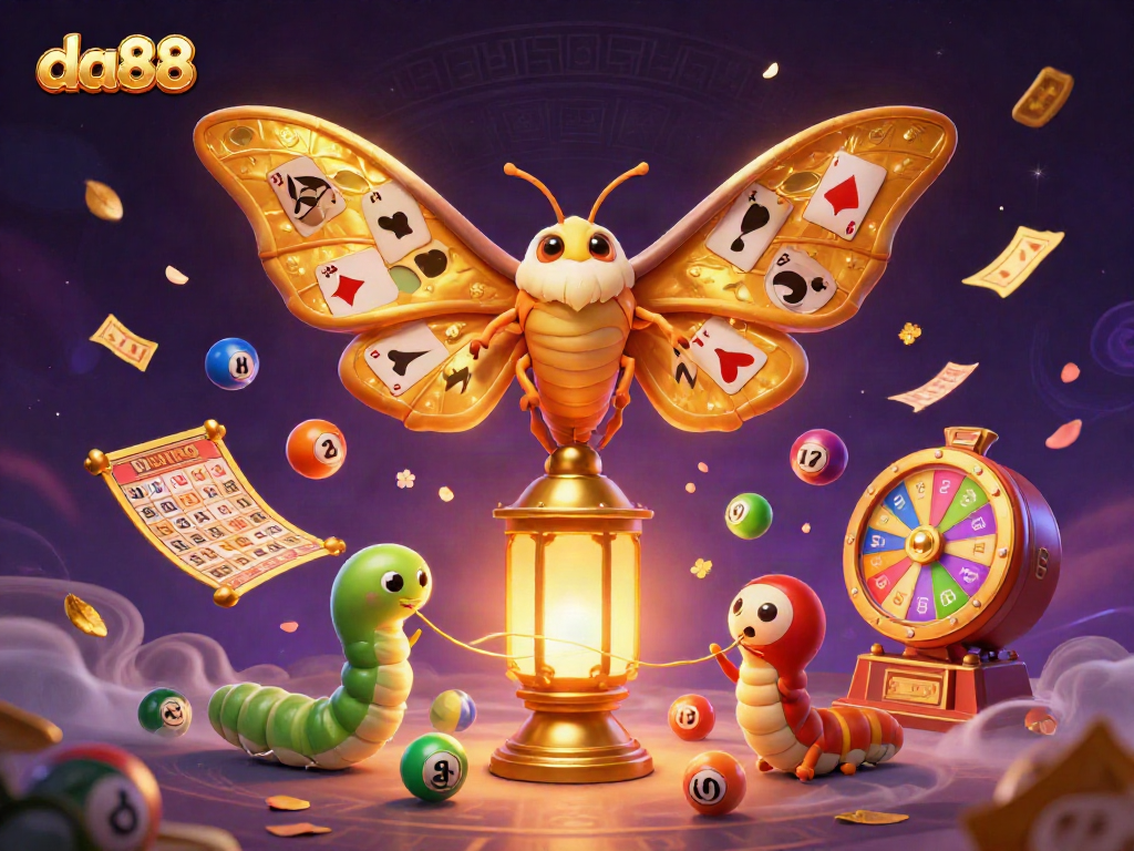 da88 showcases a vibrant 3D casino scene with a majestic moth and animated lottery elements.