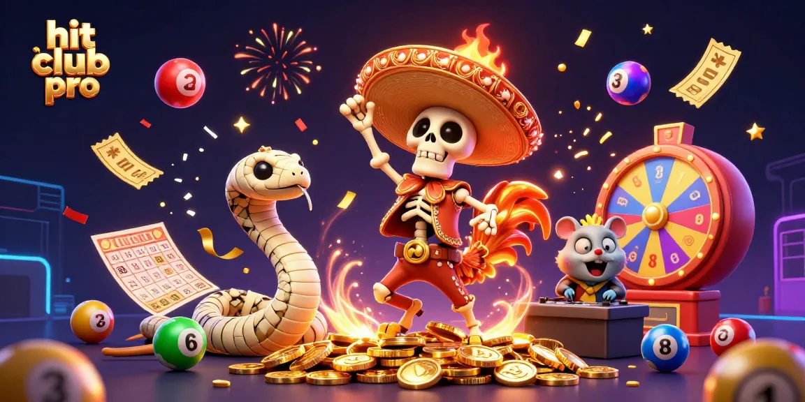 Hit club pro showcases a vibrant casino scene with a festive 3D illustration, featuring a dancing mariachi rooster and colorful lottery elements.