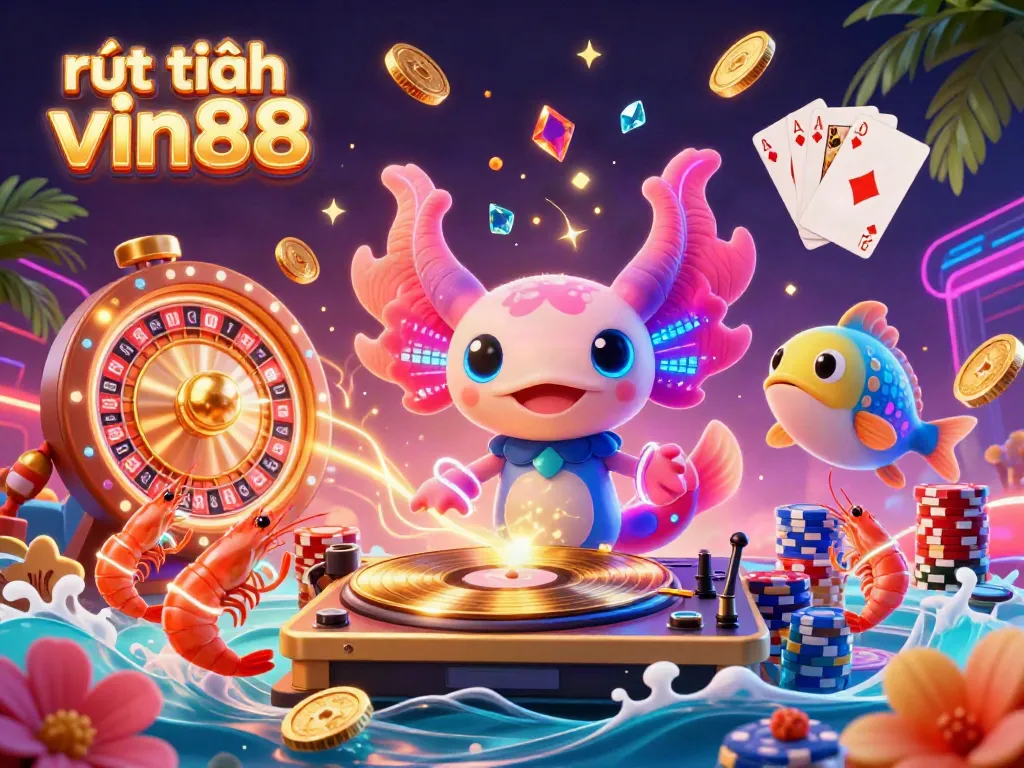 Engaging scene showcasing rút tiền vin88 with a vibrant animated axolotl DJ spinning records, surrounded by festive sea creatures.