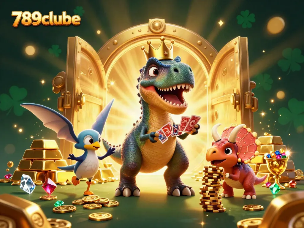 Experience excitement at 789clube with a T-Rex croupier and treasure-rich casino scene.