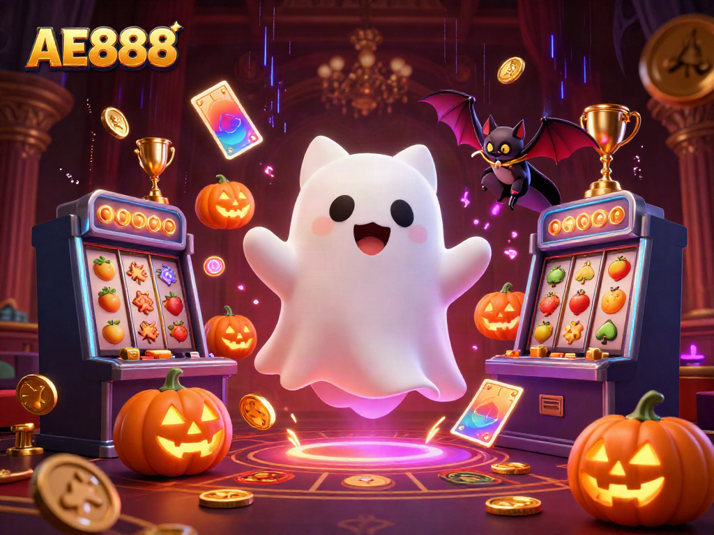 Experience the thrill of AE888 with a haunted casino scene, featuring engaging characters and dynamic game elements.