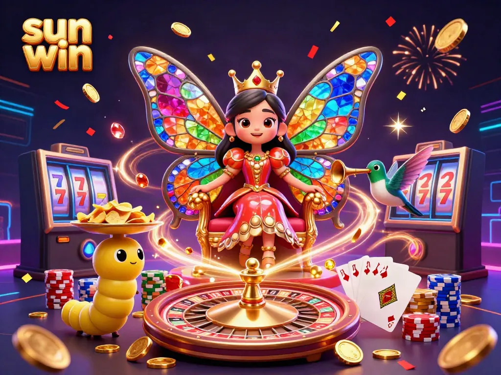 Experience thrilling wins at Sun Win, featuring vibrant casino elements and dynamic characters celebrating success.