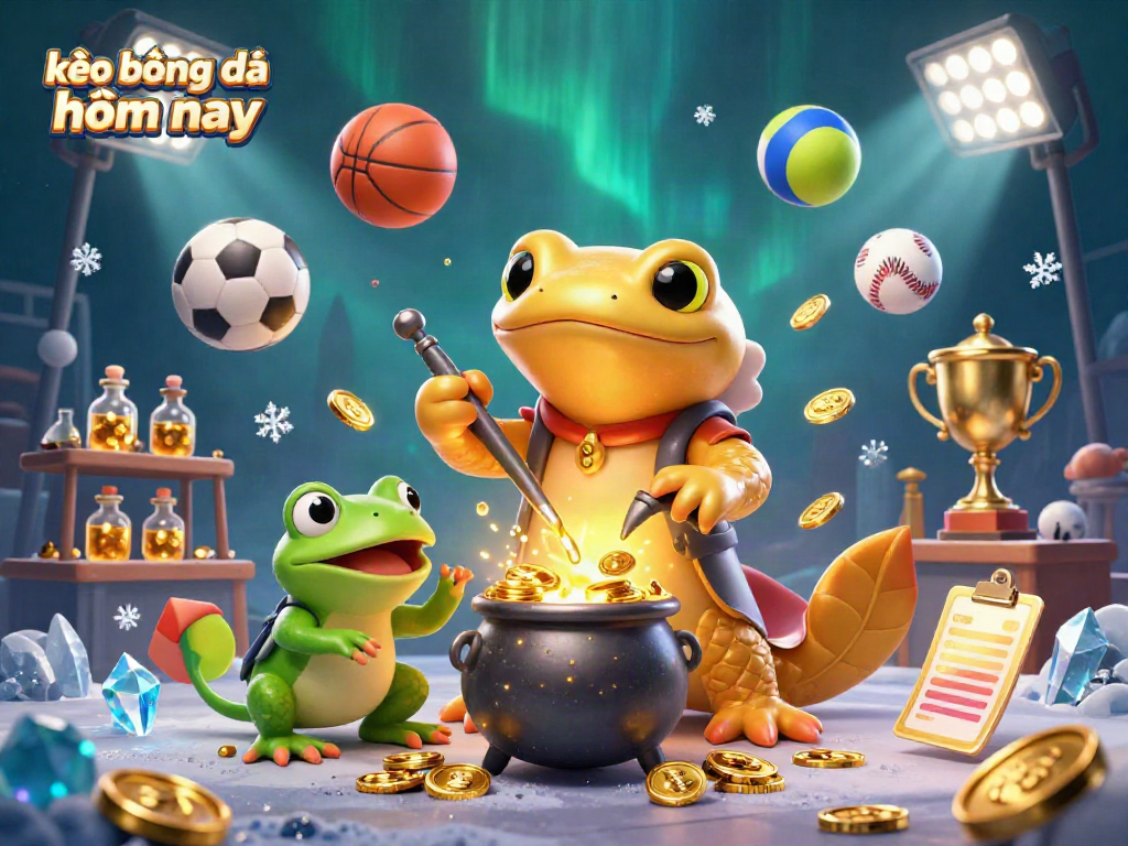 kèo bóng đá hôm nay showcasing a golden salamander alchemist surrounded by sports elements in a vibrant, rich scene.