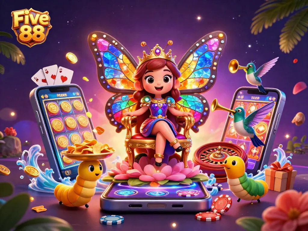 Experience the exciting world of Five 88 with vibrant casino elements and delightful characters.