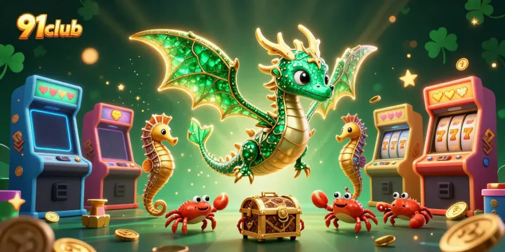 Engage in thrilling gameplay with 91club, featuring a vibrant sea dragon and treasure elements.