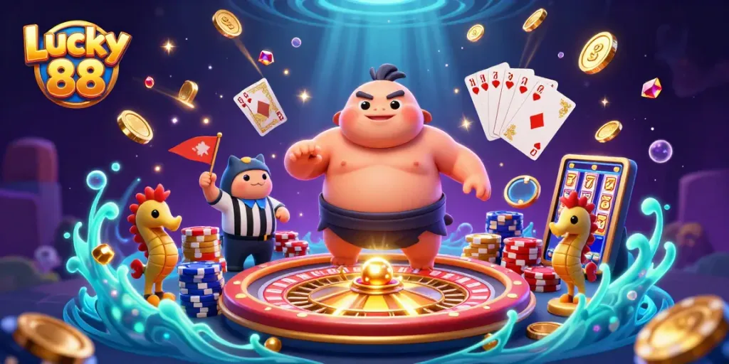 Engage with Lucky 88 in a vibrant underwater casino scene featuring dynamic gaming elements and lively characters.