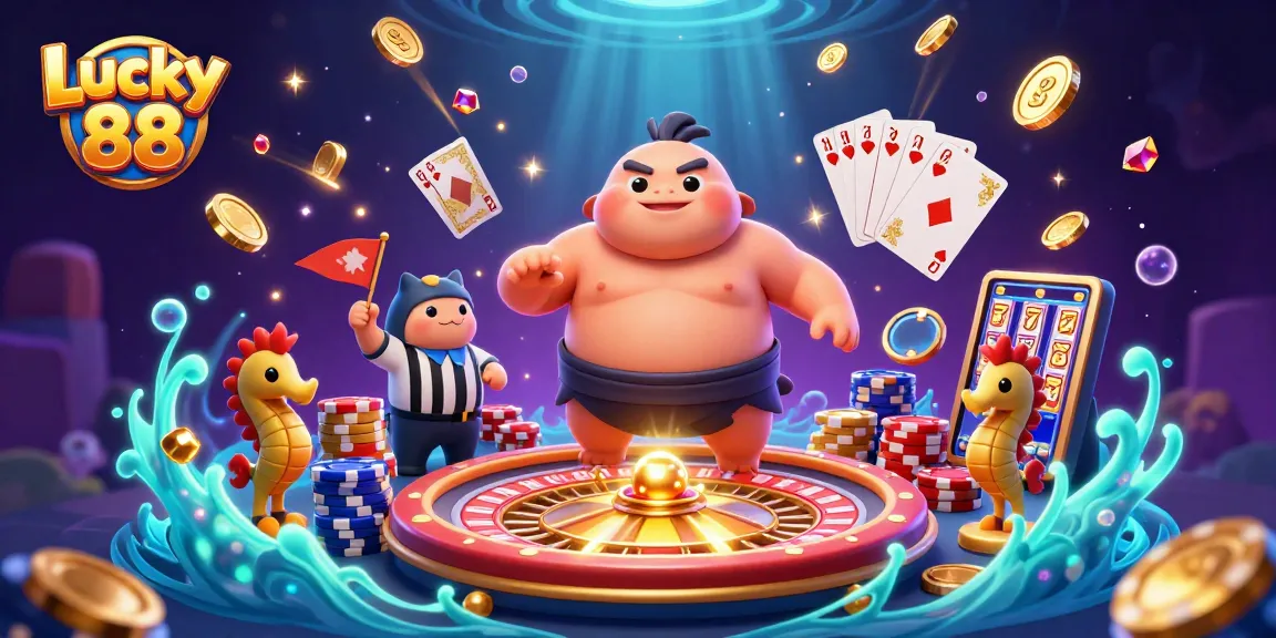Engage with Lucky 88 in a vibrant underwater casino scene featuring dynamic gaming elements and lively characters.